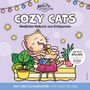 „COZY CATS: Niedliches Malbuch zum Entspannen.“ Eine Katze entspannt im Liegestuhl mit Getränk, umgeben von Pflanzen und Sternen., Buch