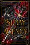 "SEDAy Agency 2, Schwur der Finsternis." Ein Schwert, Wurfsterne und Patronen vor roten Kristallen., Buch