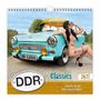 „DDR-Classics“, „schärfer als die Vopo erlaubt (hätte)“, 2027. Eine Frau posiert neben einem blauen Retro-Auto., Kalender