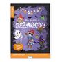 "Mein Bastelblock GRUSELFREUNDE" in großen weißen Buchstaben, mit Illustrationen von Halloween-Figuren umgeben., Buch