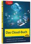 "Das Cloud-Buch" und "Praxiswissen kompakt" sind hervorgehoben. Eine Cloud und Geräte sind in einer blauen digitalen Umgebung., Buch