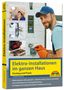 Titel: "Elektro-Installationen im ganzen Haus". Ein Mann montiert eine Steckdose, daneben Werkzeuge und Kabel.