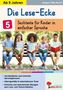 „Ab 9 Jahren. Die Lese-Ecke: 5 Sachtexte für Kinder in einfacher Sprache.“ Vier Kinder auf einer Bank, vertieft in Bücher.