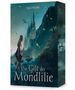 Text: "April Wynter", "Das Gift der Mondlilie". Eine Frau blickt auf ein fernes Schloss, umgeben von grünen Blättern und Drachen., Buch