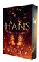 Der Text zeigt: "HANS, Die Allianz Buch 4, S.J. Tilly." Ein Schmetterling aus Feuer schwebt vor einem dunklen Hintergrund., Buch