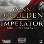 Text: Conn Iggulden, Imperator, König der Sklaven, gelesen von Reinhard Kuhnert, Rōnin Hörverlag. Ein Krieger in Rüstung im Regen.