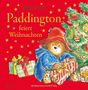 „Paddington feiert Weihnachten“ von Michael Bond. Illustration: Bär mit rotem Hut, Geschenke, Weihnachtsbaum., Buch