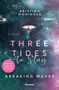 „Kristina Moninger, A Novel, Three Tides to Stay, Breaking Waves“, Surfer auf türkis-violettem Wasser., Buch