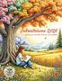 "Jahresträume 2026: Kalender zum Ausmalen, Träumen und Innehalten." Illustration: Frau malt unter Baum in bunter Landschaft.