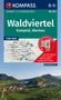 "Waldviertel Kamptal, Wachau. 1:50 000. Gratis digitale Karte. Unten: Landschaft mit Fluss, grünen Hügeln und Dorf."