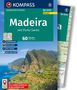 „KOMPASS Wanderführer Madeira“ mit 60 Touren von Peter Mertz. Küste mit hohen Klippen und grünem Land im Vordergrund.