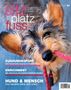 Texte: "sitz platz fuss", "Das Bookazin für anspruchsvolle Hundefreunde", Themen: Zughundesport, Enrichment, Hund & Mensch. Bild: Hund mit Leine., Buch