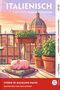 "Italienisch mit lustigen Kurzgeschichten", "Storie di Maialino Nano", "Geschichten vom Mini-Schwein". Illustration: Ein Mini-Schwein liegt auf einem bunten Kissen auf einem Balkon mit Pflanzen und Blick auf italienische Bauten im Hintergrund., Buch