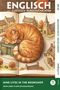 Titel: Englisch mit lustigen Kurzgeschichten. Text unten: Nine Lives in the Bookshop - Neun Leben in der Buchhandlung. Illustration: Eine schlafende, rot getigerte Katze auf einem Buch, umgeben von einem Dorf mit Buchladen und Kirche., Buch