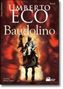 Text: Umberto Eco, Baudolino. Illustration: Ritter in Rüstung auf Pferd, feuriger Hintergrund.