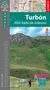 "Turbon, Alto Valle de Isábena" steht in der Mitte. Eine Hütte auf grünen Hügeln, ein Wanderer mit Stöcken, blauer Himmel., Karten