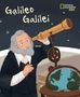 „Galileo Galilei“ in gelber Schrift. Illustration eines Mannes mit grauem Bart, der durch ein Teleskop schaut.