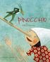 "PINOCCHIO" in Rot. Illustration von Pinocchio mit langer Nase, darauf ein Grille in Anzug. Pinocchio hat rote Wangen.
