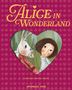 "Alice in Wonderland" steht oben in Gelb. Darunter eine Illustration mit einem weißen Kaninchen und einem Mädchen., Buch