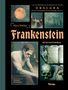 "OBSCURA, Mary Shelley, Frankenstein oder Der neue Prometheus, Illustrationen von FABIANA BELMONTE, Vivida."  
Oben Mond, unten Kreatur, rechts Buch, Schädel., Buch