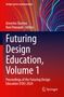 „Futuring Design Education, Volume 1“ von Aneesha Sharma und Ravi Poovaiah. Bunte, wellenartige Linien im Hintergrund., Buch