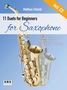 "11 Duets for Beginners for Saxophone" von Matthias Pezold, mit Saxofonen auf blauem Hintergrund., Noten