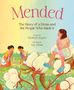 "Mended: The Story of a Dress and the People Who Made It." Illustration zeigt Frauen in Saris, die Baumwolle pflücken., Buch