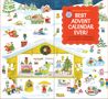 Text: "Richard Scarry's Best Advent Calendar Ever! Count down to Christmas with 25 pop-out ornaments." Illustration zeigt eine belebte Winterlandschaft mit Tieren, die weihnachtliche Aktivitäten ausführen.