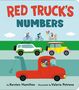 "RED TRUCK'S NUMBERS" in großen Buchstaben. Illustration: Fahrräder oben, darunter bunte Fahrzeuge, ein roter Abschleppwagen.