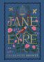 "JANE EYRE", "CHARLOTTE BRONTË". Illustration mit Blumen, Vögeln und einem Käfig auf blauem Hintergrund.