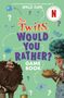 "The Twits Would You Rather? Game Book" steht auf grünem Hintergrund. Zwei Illustrationen zeigen skurrile Charaktere., Buch