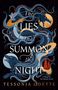 „The Lies That Summon the Night“, Tessonja Odette. Ein Drache und ein Wolf in blauen und goldenen Tönen auf schwarzem Hintergrund., Buch