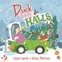 "DUCK THE HALLS" in bunten Buchstaben. Drei Enten feiern fröhlich mit einem geschmückten Weihnachtsbaum auf einem Truck., Buch