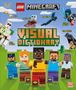 Text: LEGO Minecraft Visual Dictionary. Figuren und Minecraft-Charaktere auf pixeligem Hintergrund mit blauen Himmel und Wolken., Buch