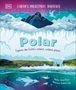 "Polar - Explore the Earth's coldest, wildest places. Illustration einer Polarlandschaft mit Bergen, Eisbär und Pinguin."