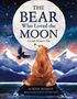 "The Bear Who Loved the Moon" steht vor einem großen Mond. Ein Bär sitzt auf einem Felsen, mit Bergen und einem Vogel im Hintergrund.