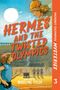 „HERMES AND THE TWISTED OLYMPICS“ in orangen Buchstaben, Illustration eines rennenden Mannes und einer Figur mit Helm.