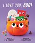 Text: "I LOVE YOU, BOO!" Illustration zeigt einen Kürbiseimer voll mit Süßigkeiten mit Augen und Gesichtern.