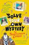 Mehrere Texte über einem gelben Hintergrund. "Solve Your Own Mystery: The Transylvanian Express" mit Charakterillustrationen.