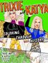 "Trixie and Katya: Coloring Through History." Illustration von zwei Personen in auffälliger Kleidung auf grünem Hintergrund., Buch
