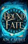 "Bound by Fate" in goldener Schrift über einem magischen, blauen Runenkreis mit Federn und Blitzen umrundet., Buch