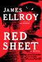 "James Ellroy, author of The Enchanters. Red Sheet, a novel." Roter Hintergrund, stilisiertes Gesicht im Hintergrund.