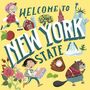 Text: "WELCOME TO NEW YORK STATE". Illustration mit Symbolen von New York: Freiheitsstatue, Baseball-Handschuh, Pizza, Biber., Buch