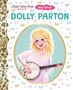 Text: "a Little Golden Book Biography - Baby Edition - Dolly Parton." Illustration: Frau mit Banjo, umgeben von bunten Schmetterlingen.