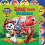 "ROAR-SOME FRIENDS"; Cartoon-Hund mit Helm und Dinosaurier vor Vulkan; bunte runde Charakterbilder im Hintergrund., Buch