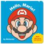 "Hello, Mario!" und "Make silly faces with Mario!" mit Mütze und Schnurrbart auf blauem Hintergrund.