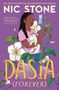 "NIC STONE" und "DASIA (FOREVER)" in großen Buchstaben, Mädchen mit Einhorn-Plüschtier vor lila Hintergrund mit weißen Blumen.