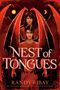 Der Text lautet: "No lies will save them now. Nest of Tongues. Randy Ribay." Zwei Personen mit roten Flügeln vor dunklem Hintergrund.