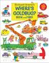 Oben: „Richard Scarry’s WHERE’S GOLDBUG? SEEK and FIND!“ Unten Zeichnung von Tieren in Fahrzeugen, bunte Szene., Buch