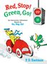 "Red, Stop! Green, Go!" zeigt ein gelbes Auto fahrender Hund, grüner Vogel, Ampel mit "STOP" und "GO".